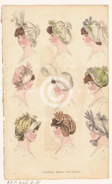 Magazine of Female Fashions of London and Paris, No. ?: London Head Dresses, 1798-1806. Creator: Unknown.