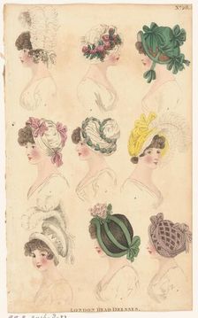 Magazine of Female Fashions of London and Paris, No.28: London Head Dresses, 1798-1806. Creator: Unknown