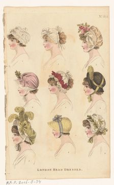 Magazine of Female Fashions of London and Paris, No.31.2, London Head Dresses, 1798-1806. Creator: Unknown