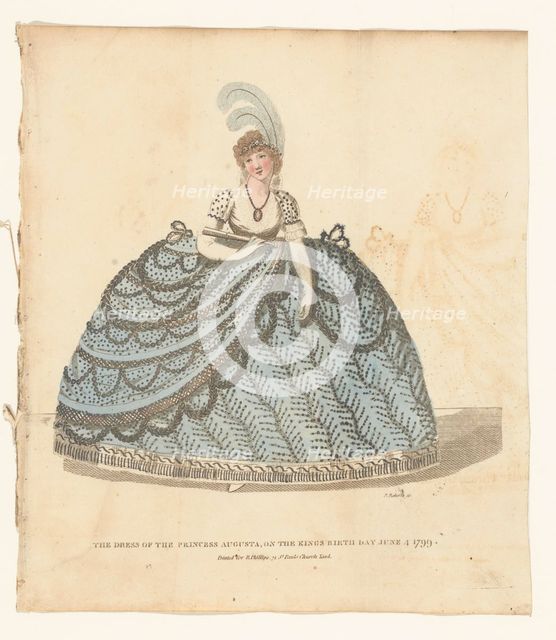 Magazine of Female Fashions of London and Paris. The dress of the Princess Augusta, on the..., 1799. Creator: Piercy Roberts.