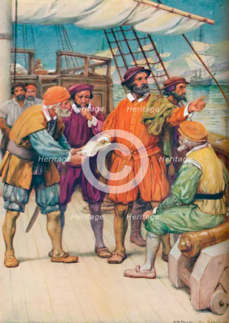 'Magellan Consults with his Navigators',  c1925. Artist: Arthur Percy Dixon.
