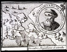 Magellan discovers the Strait engraving from 1726, Ferdinand Magellan (1480-1521), Portuguese n…