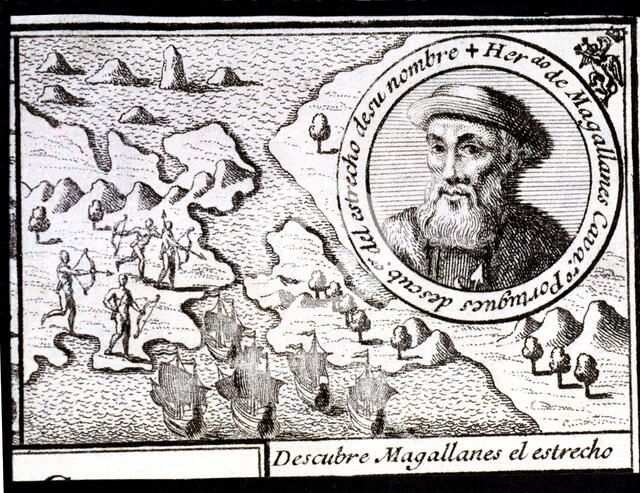 Magellan discovers the Strait', engraving from 1726, Ferdinand Magellan (1480-1521), Portuguese n…