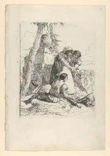 Magician pointing out a burning head to two youths, from the Scherzi, ca. 1743-50. Creator: Giovanni Battista Tiepolo