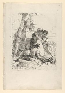 Magician pointing out a burning head to two youths, from the Scherzi, ca. 1743-50. Creator: Giovanni Battista Tiepolo