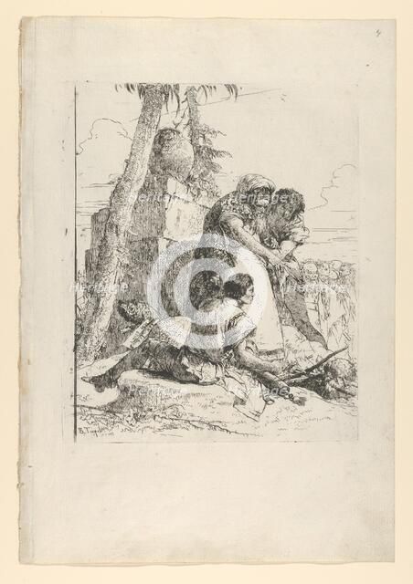 Magician pointing out a burning head to two youths, from the Scherzi, ca. 1743-50. Creator: Giovanni Battista Tiepolo.