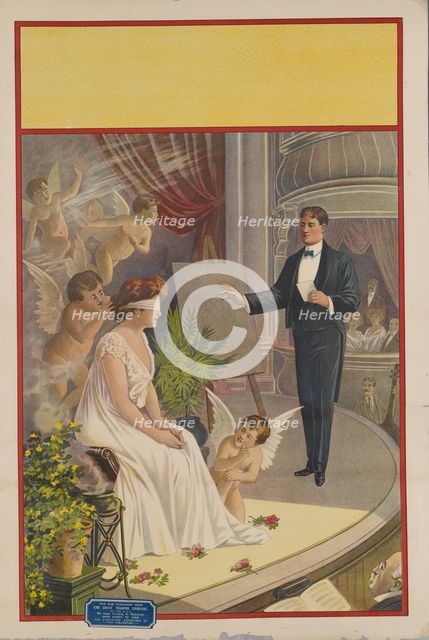 Magician with blindfolded woman and putti, c1900. Creator: Unknown.