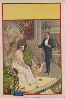Magician with blindfolded woman and putti, c1900. Creator: Unknown