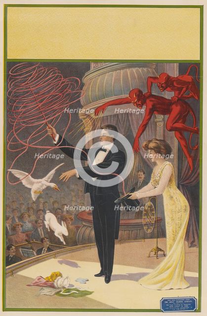 Magician with devils, assistant, goose and rabbit, c1900. Creator: Unknown.