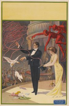 Magician with devils, assistant, goose and rabbit, c1900. Creator: Unknown