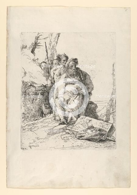Magician with four Figures near a smoking Altar, from the Scherzi, ca. 1743-52. Creator: Giovanni Battista Tiepolo.