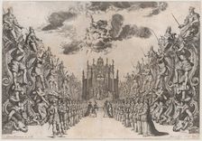 Magnificent Hall of Astrea; men and women gathered in the street to view a procession thro..., 1678. Creator: Mathäus Küsel