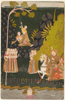 Maharaja Abhai Singh, Equestrian, Watching Girls Swinging at the Teej Festival, c. 1740. Creator: Unknown