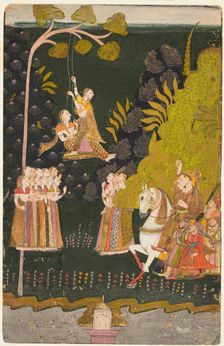Maharaja Abhai Singh, Equestrian, Watching Girls Swinging at the Teej Festival, c. 1740. Creator: Unknown