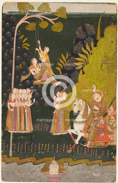 Maharaja Abhai Singh, Equestrian, Watching Girls Swinging at the Teej Festival, c. 1740. Creator: Unknown.