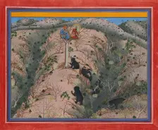Maharaja Fateh Singh Hunting Female Bears, dated 1917. Creator: Attributed to Pannalai