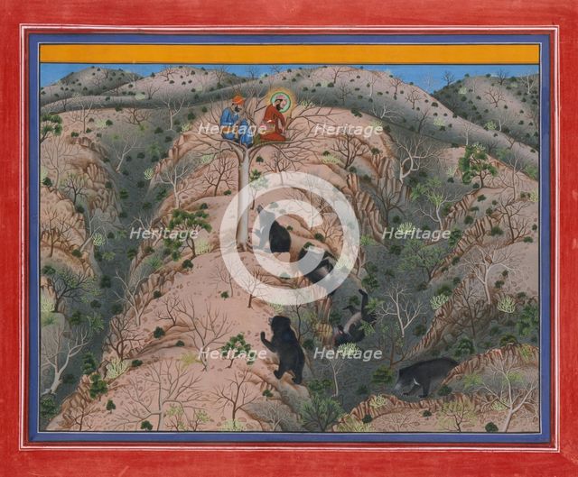 Maharaja Fateh Singh Hunting Female Bears, dated 1917. Creator: Attributed to Pannalai.