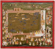 Maharaja Sangram Singh and his court observe a fight between tigers and boars at Sadri, c. 1720. Creator: Unknown