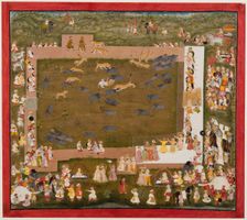 Maharaja Sangram Singh and his court observe a fight between tigers and boars at Sadri, c. 1720. Creator: Unknown
