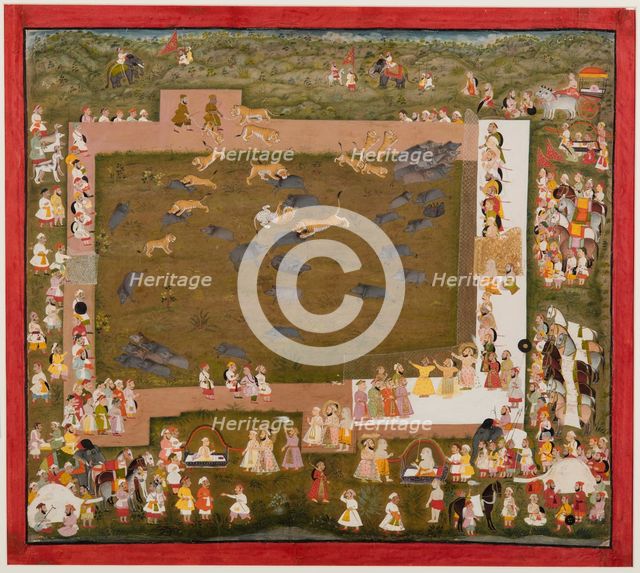 Maharaja Sangram Singh and his court observe a fight between tigers and boars at Sadri, c. 1720. Creator: Unknown.