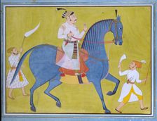 Maharaja Pratap Singh of Sawar riding, with two attendants on foot, c1700