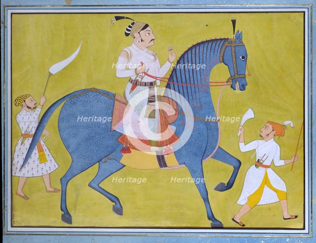 Maharaja Pratap Singh of Sawar riding, with two attendants on foot, c1700. Artist: Unknown.