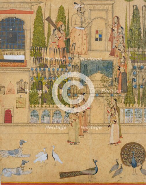 Maharana Amar Singh II with Ladies of the Zenana outside the Picture Hall at Rajnagar, ca. 1707-8. Creator: Attributed to Stipple Master (Indian, active ca. 1690-1715).