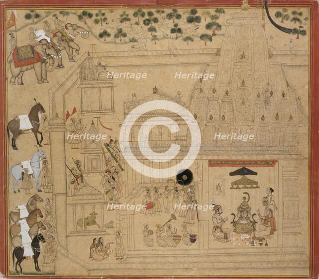 Maharana Amar Singh of Mewar at the Eklingji temple, c1705. Artist: Unknown.