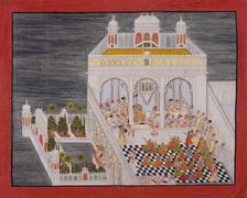 Maharana Ari Singh with His Courtiers Being Entertained at the Jagniwas Water Palace, dated 1767. Creator: Bhima