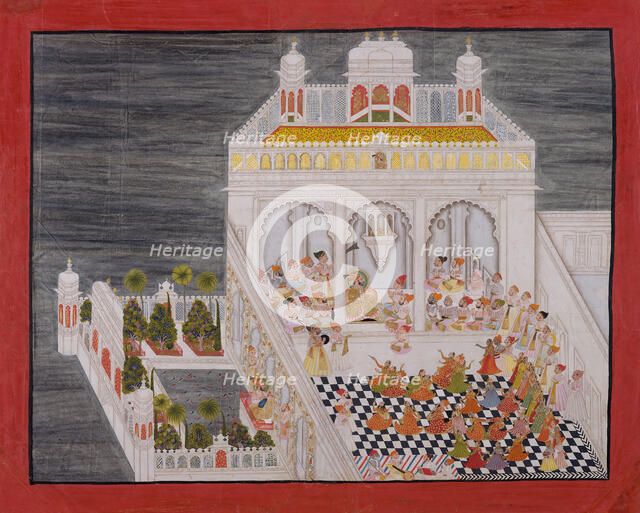 Maharana Ari Singh with His Courtiers Being Entertained at the Jagniwas Water Palace, dated 1767. Creator: Bhima.