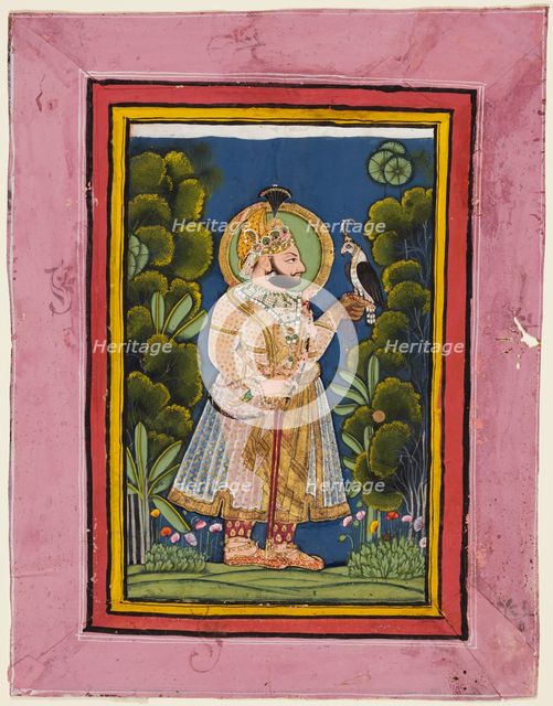 Maharana Jawan Singh (r. 1828-38) in a forest holding a hawk, c. 1835. Creator: Ghasi (Indian, active c. 1820-36), possibly by.