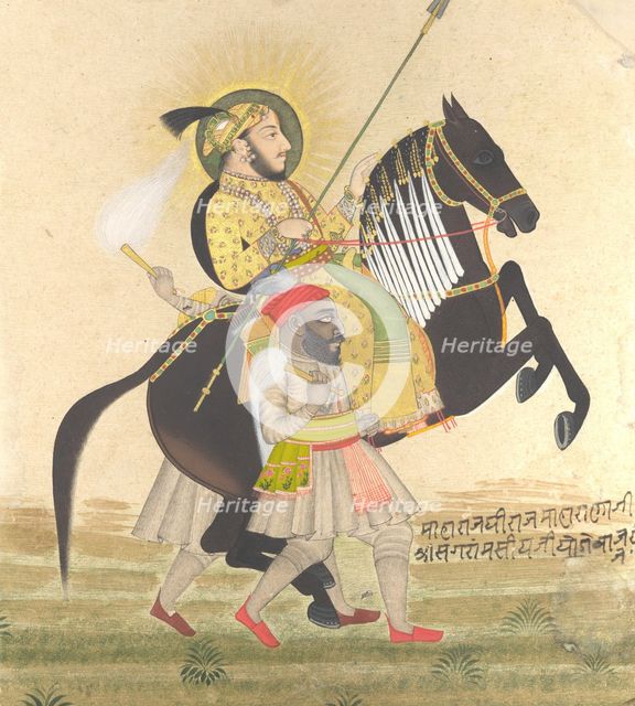 Maharana Sangram Singh Riding a Prize Stallion, ca. 1712. Creator: Stipple Master (Indian, active ca. 1690-1715).