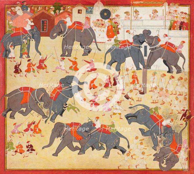 Maharana Raj Singh observing an elephant fight, ca. 1670-1675. Creator: Unknown.