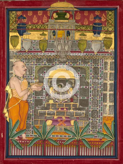 Maharao Kishor Singh dressed as a Vallabha priest worshipping Krishna as Brijrajji, mid 1800s. Creator: Unknown.