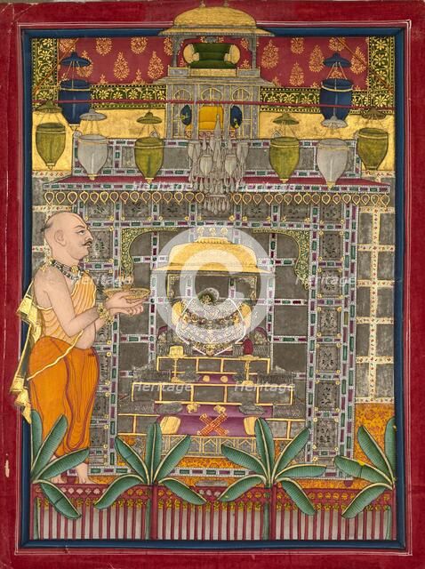 Maharao Kishor Singh dressed as a Vallabha priest worshipping Krishna as Brijrajji, mid 1800s. Creator: Unknown.