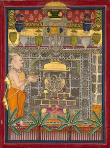 Maharao Kishor Singh dressed as a Vallabha priest worshipping Krishna as Brijrajji, mid 1800s. Creator: Unknown