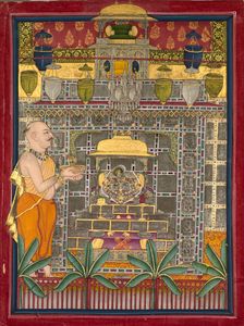 Maharao Kishor Singh dressed as a Vallabha priest worshipping Krishna as Brijrajji, mid 1800s. Creator: Unknown