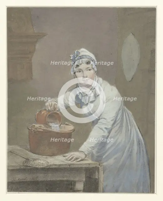 Maid pours milk into a saucepan, 1799. Creator: Jean Baptiste Mallett.