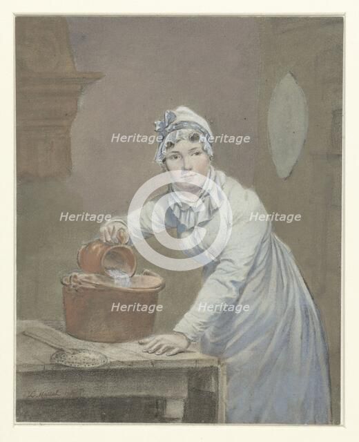 Maid pours milk into a saucepan, 1799. Creator: Jean Baptiste Mallett.