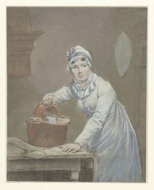 Maid pours milk into a saucepan, 1799. Creator: Jean Baptiste Mallett