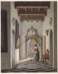 Maid sweeping the hallway of a house, 1837. Creator: Louis Henri de Fontenay