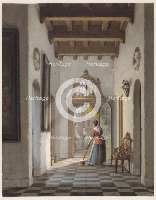 Maid sweeping the hallway of a house, 1837. Creator: Louis Henri de Fontenay.