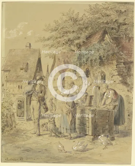 Maids and a journeyman at the well, 1887. Creator: Bertha Bagge.