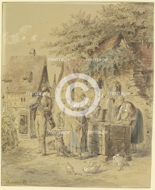 Maids and a journeyman at the well, 1887. Creator: Bertha Bagge.
