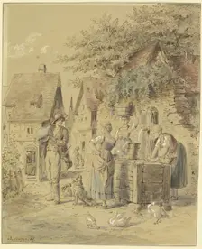 Maids and a journeyman at the well, 1887. Creator: Bertha Bagge