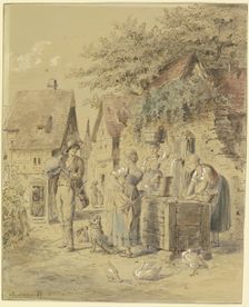 Maids and a journeyman at the well, 1887. Creator: Bertha Bagge
