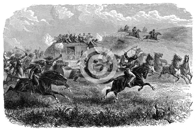 Mail coach attacked by Native American Indians, 1867. Artist: Unknown