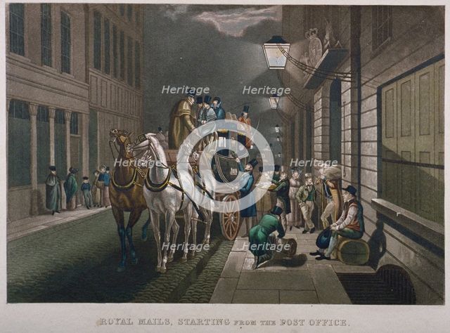 Mail coach outside the General Post Office, Lombard Street, City of London, 1827. Artist: Charles Hunt