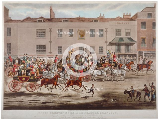 Mail coaches in front of the Peacock Inn on Islington High Street, London, 1823.                     Artist: Thomas Sutherland