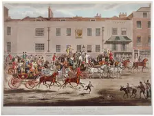 Mail coaches in front of the Peacock Inn on Islington High Street, London, 1823. Artist: Thomas Sutherland
